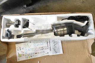 Brand new Robot Coupe MP450 Turbo 18" immersion blender, single speed, 120V, in original packaging with accessories.