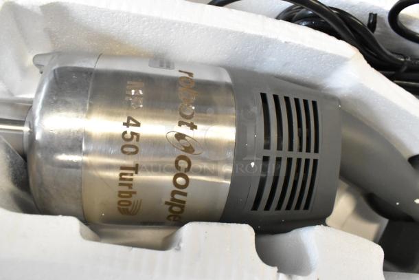 Brand new Robot Coupe MP450 Turbo 18" immersion blender in packaging. Scratch and dent condition. 120 Volts, 1 Phase.