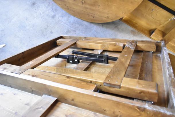 3 new wooden folding tables, 2 round, 1 rectangular. Slight scratches. Dimensions: 60x60x5, 108x40x5.