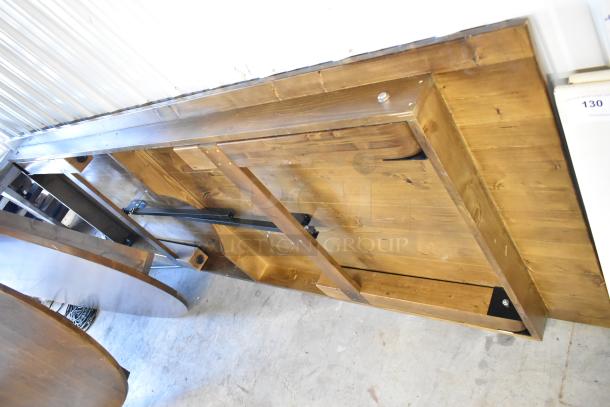 Three brand new scratch and dent wooden folding tables, featuring two round and one rectangular design. Includes sizes 60x60x5, 108x40x5.