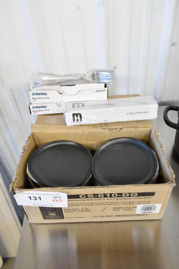 5 new scratch and dent items: GET Enterprises 6" dark gray melamine plates, Windsor dinner knives. Labels show 5x bid multiplier.