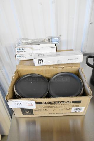 5 new scratch and dent items: GET Enterprises 6" dark gray melamine plates, Windsor dinner knives. Labels show 5x bid multiplier.