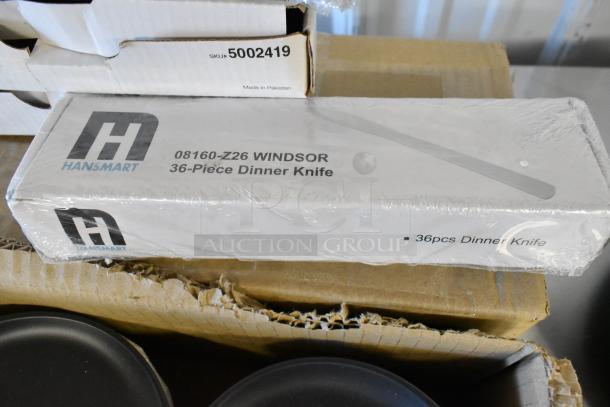 Boxes containing Hansmart 08160-Z26 Windsor 36-piece dinner knife set. Scratch and dent condition.