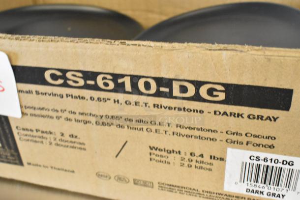 Box of GET Enterprises Riverstone 6" Dark Gray Matte Melamine Plates, CS-610-DG model, with product label visible.