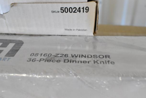 Box labeled "08160-Z26 Windsor 36-Piece Dinner Knife," SKU #5002419, Made in Pakistan, visible.