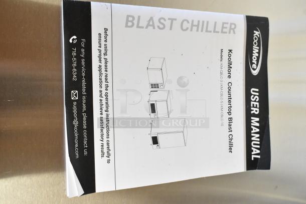 KoolMore KM-CBLC-5 blast chiller user manual, showing model details and contact info.