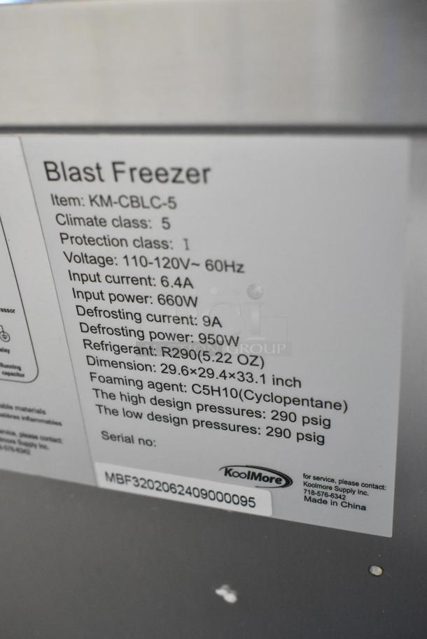 Brand new KoolMore KM-CBLC-5 blast chiller label, showing specifications like voltage, dimensions, and refrigerant type.