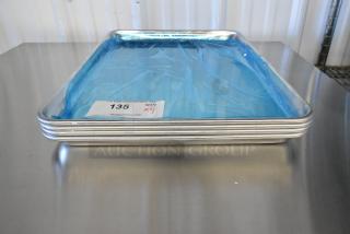 4 new Choice 407BUNHALF aluminum sheet pans, 13"x18", 19-gauge, wire rim. Tags indicate auction quantity of 4.