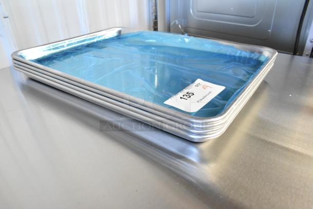 4 new scratch and dent Choice 407BUNHALF 13" x 18" aluminum sheet pans, wire in rim, 19 gauge, bundled in plastic.