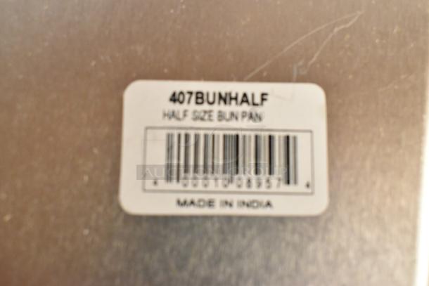 4 new Choice 407BUNHALF 13"x18" aluminum sheet pans, 19-gauge, wire-in-rim. Scratch and dent condition, made in India.