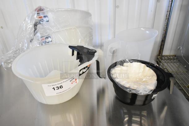 Four new Bunn 53463.0046 bubble tea funnels for ICB and ITCB brewers and a poly pitcher, labeled for auction 136.