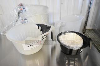 Four new Bunn 53463.0046 bubble tea funnels for ICB and ITCB brewers and a poly pitcher, labeled for auction 136.