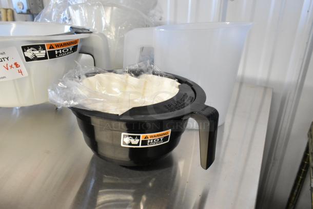 4 brand new scratch-and-dent items including Bunn 53463.0046 funnel, labeled for hot liquids, and a poly pitcher.