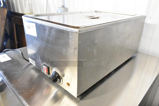 BRAND NEW KoolMore CFW-4 stainless steel food warmer, scratches visible, 110V, 1 phase, with control knob and power switch.