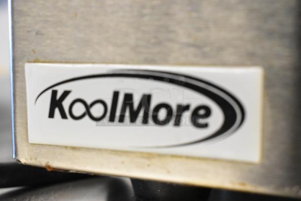 Brand new KoolMore CFW-4 food warmer, stainless steel, 110V, 1 phase, with minor scratches and dents, logo displayed.