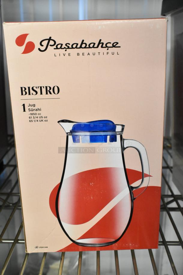 Pasabahce Bistro 61 oz. glass pitcher, brand new, in original packaging. Includes four pitchers, slight box wear.