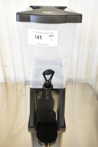 Brand new Choice 176BD3BK2 3-gallon black slim beverage dispenser, slight scratch and dent, auction tag visible.