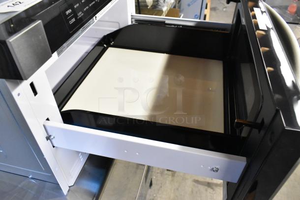 Brand new 2025 KoolMore KM-MD-1SS stainless-steel microwave drawer, 120V, 1 phase, open view. Scratch and dent condition.