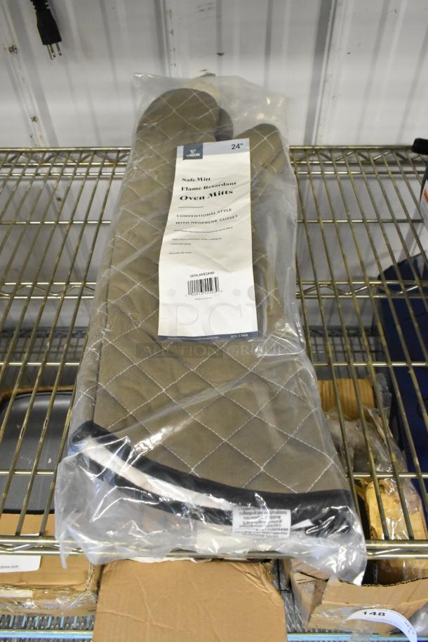 2 new Vigor SafeMitt 24" flame-retardant oven mitts with neoprene gusset in packaging. Model 187FLAME24HD.