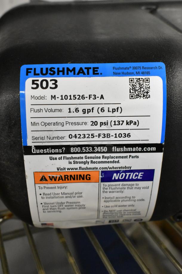BRAND NEW Flushmate M-101526-F3-A 503 Series 1.6 GPF Replacement System with label showing model and safety warnings.