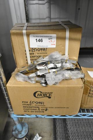 Three boxes of 50 Doxen Choice Dominion 4 1/4" stainless steel demitasse spoons, 18/0 grade, brand new with extras, Scratch and Dent condition.