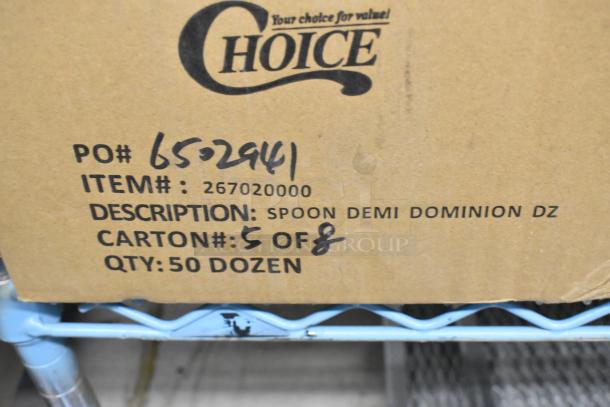 3 boxes of 50 dozen Doxen Choice Dominion demitasse spoons, 4 1/4" 18/0 stainless steel, carton 5 of 8, PO# 6502941.