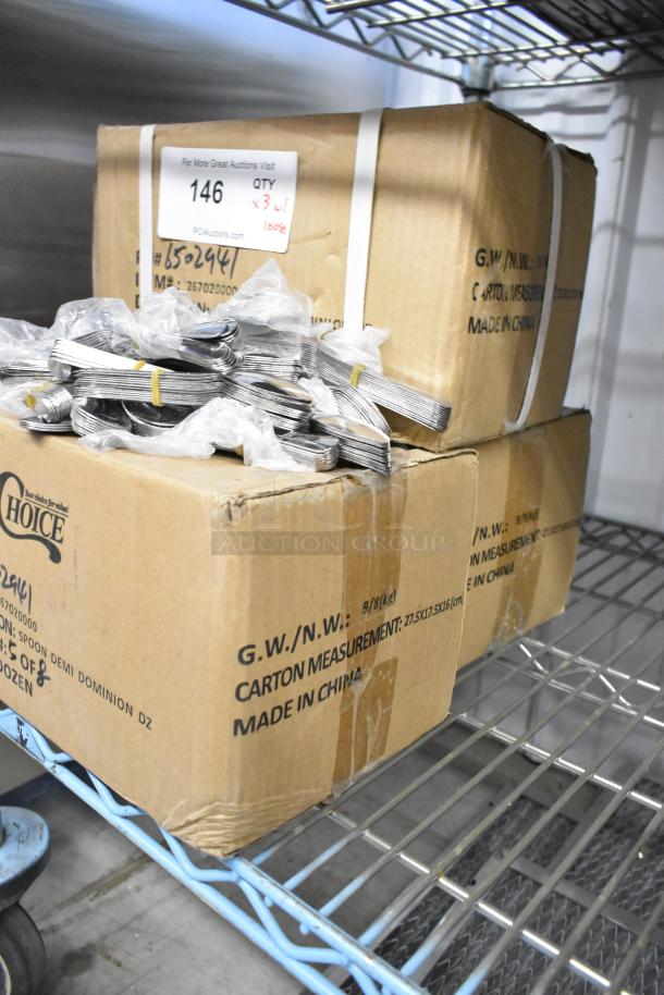 Three boxes of Doxen Choice Dominion 4 1/4" 18/0 stainless steel demitasse spoons, scratch and dent condition, 50 per box.