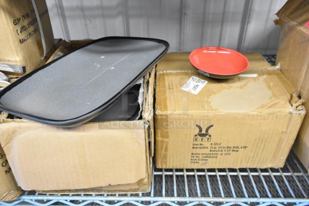 2 brand new items: GET B-123-F 12 oz. bowl, GET CS-1170-GR 12"x7.5" matte speckled gray melamine platter, in boxes.