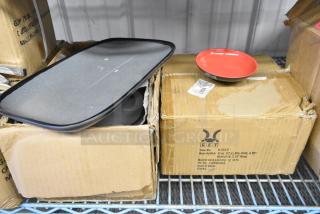 2 brand new items: GET B-123-F 12 oz. bowl, GET CS-1170-GR 12"x7.5" matte speckled gray melamine platter, in boxes.