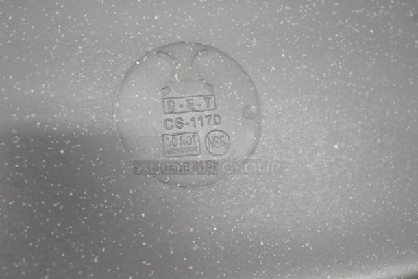 G.E.T. CS-1170 12" x 7.5" matte speckled gray melamine platter. Marked "DO NOT MICROWAVE," "NSF," "Made in China."