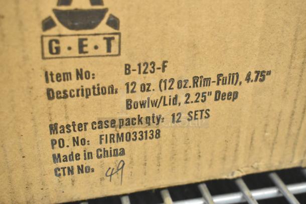 Cardboard box with G.E.T. branding, item B-123-F, 12 oz. bowl with lid, 12 sets. Made in China, PO: FIRMO33138.