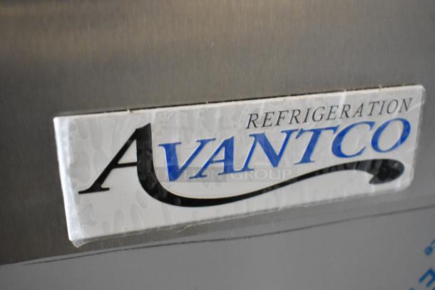Avantco logo on stainless steel surface of the 2025 Avantco 447APST72 sandwich prep table, indicating brand authenticity.