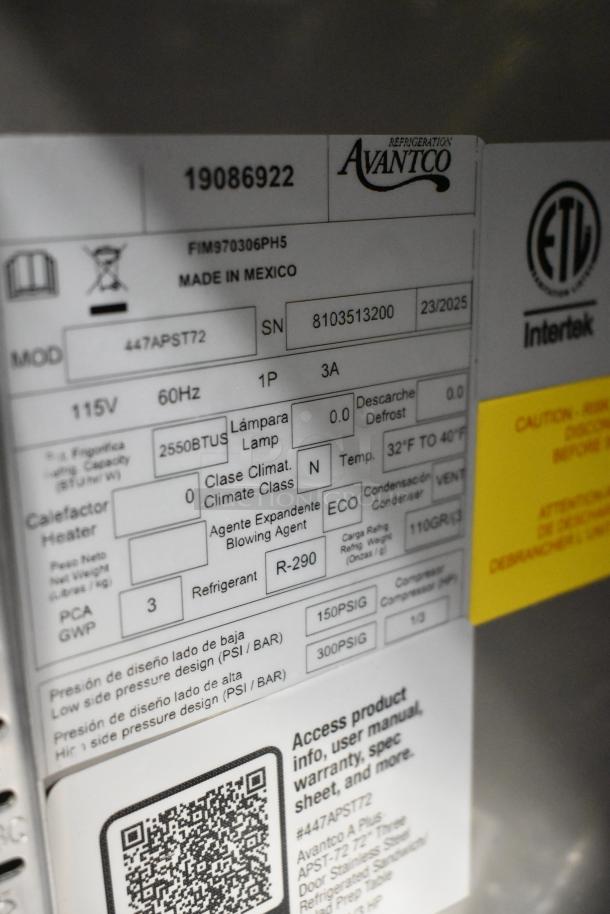 Avantco 447APST72 tag showing model, serial number, voltage (115V), refrigerant (R-290), climate class, and manufacturing details.