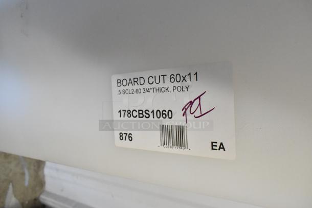 Brand new Avantco 178CBS1060 cutting board, 60 1/8" x 11 1/2", scratch and dent, poly material, labeled with model info.
