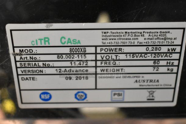 2018 Citrocasa 8000XB Juicer label showing model and specifications, including 115-120V, 0.280kW, made in Austria.