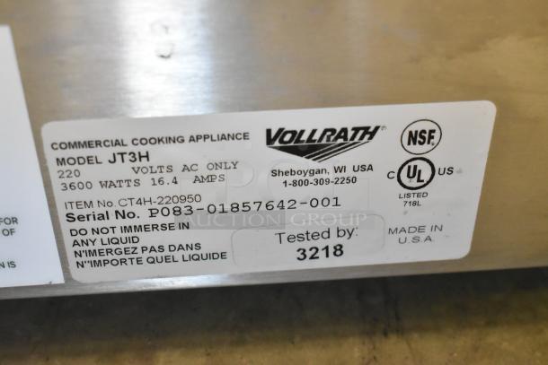 Vollrath JT3H stainless steel commercial conveyor toaster oven label, 220V, 3600W, serial P083-01857642-001, NSF certified.
