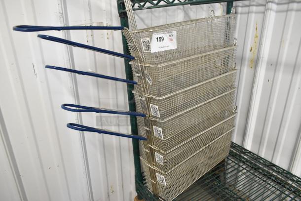6 new Pitco P6072185 triple size fryer baskets, scratch and dent, with front hooks. Dimensions: 17.25"x5.5"x5.75". Quantity label visible.