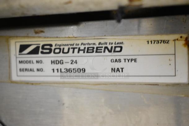 Southbend stainless steel griddle label showing model HDG-24, serial 11L36509, gas type NAT, indicating natural gas use.