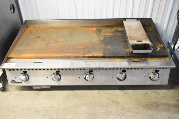 Star Ultra Max stainless steel commercial gas griddle, countertop model, five knobs, visible surface wear and rust, used condition.