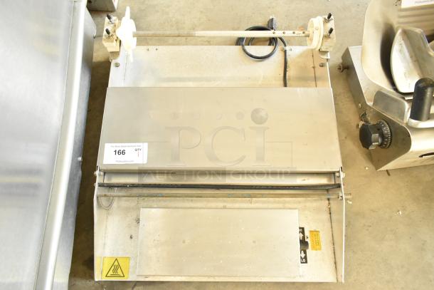 Metal countertop sealing station, 115 volts, 1 phase, with visible control panel and power cord. Auction tag 166.