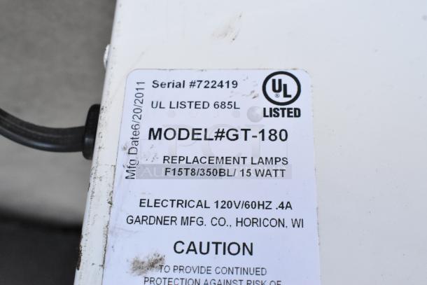 GT-180 Metal Bug Zapper, 115 Volts, 1 Phase. Label shows model #GT-180, UL listed, with replacement lamp specs.
