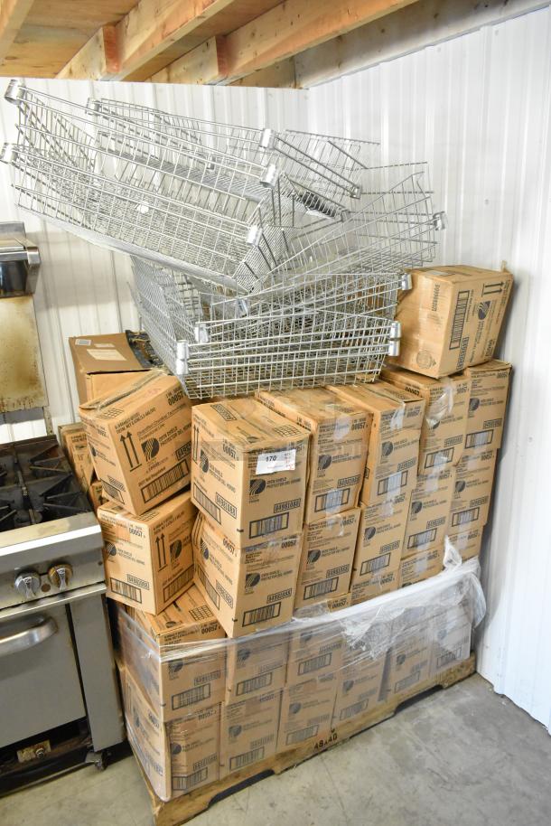 97 items including stacked metal baskets and Diversified Chemical Tech Oven Shield boxes on a pallet.