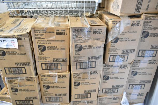 97 items including metal baskets and boxes of Diversified Chemical Tech Oven Shield. Boxes labeled with model and quantity details.