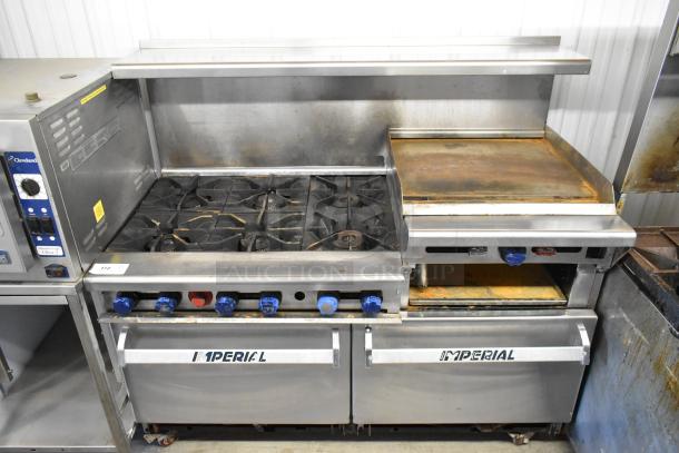 Imperial stainless steel commercial gas range with 6 burners, right flat top griddle, dual ovens, over shelf, and backsplash.