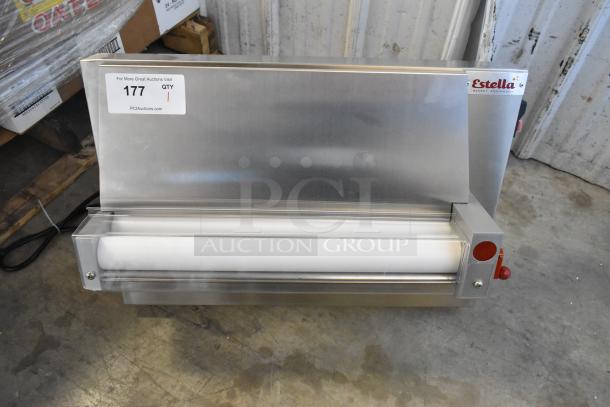 Brand new Estella 348EDS18S 18" stainless steel countertop dough sheeter. 120V, 1 Phase. Label indicates "Scratch and Dent."