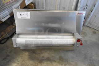 Brand new Estella 348EDS18S 18" stainless steel countertop dough sheeter. 120V, 1 Phase. Label indicates "Scratch and Dent."