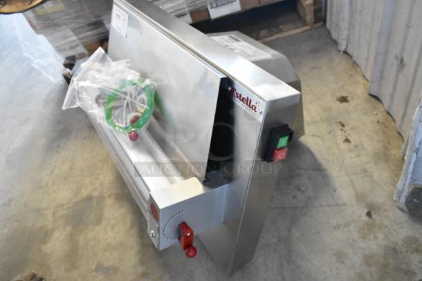 Estella 348EDS18S stainless steel 18" countertop dough sheeter. Brand new, minor scratches. 120V, 1 phase visible.
