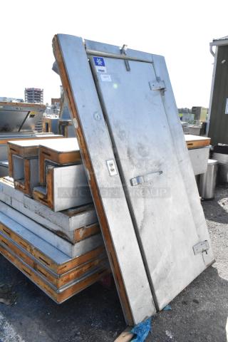 Kolpak Walk In Box door with latch, featuring Copeland RST55C1E-CAA-901 compressor and TPLP106MAS1BR6 evaporator fan. Used condition.
