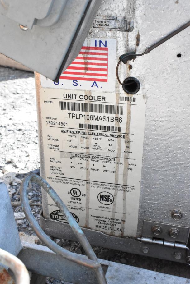 Kolpak Walk-In Box label showing model TPLP106MAS1BR6, 115V, 1-phase unit cooler details, and electrical specs, made in USA.