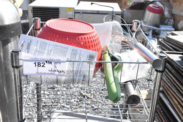 Chrome wire shelving unit with stainless steel lids, colander, and kitchen tools. Dismantling required for shipping.